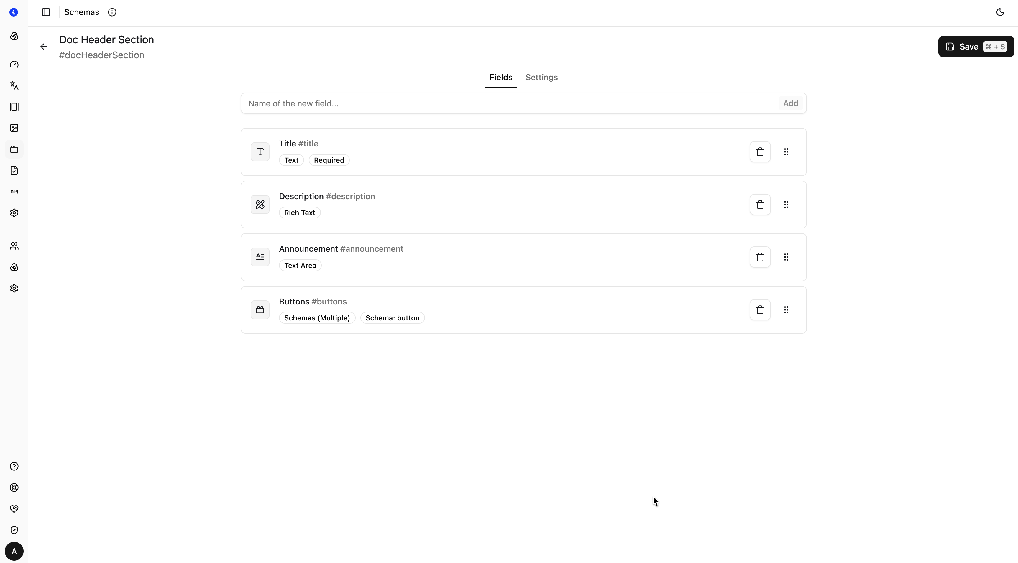 Schema builder in Localess — define components visually and get typed API responses automatically